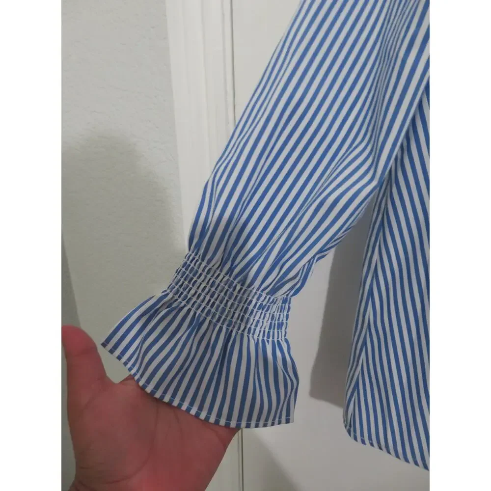 Tuckernuck Sz S Blue White Striped Easton Striped V Neck Blouse Long Puff Sleeve